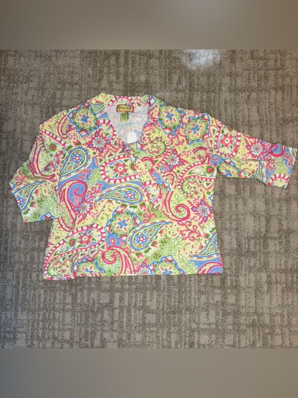 Lilly & Van Vibrant tie detail Shirt /top 3/4 sleeve Pink, Green & Blue size 2x